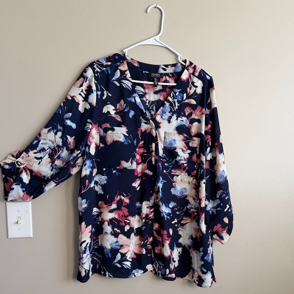 Jones New York Navy Floral Blouse with Pink & Cream Accents